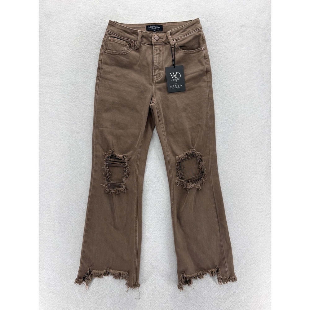 Risen Straight Jeans Womens 3/26 Mid Rise Brown Distressed Raw Hem Stretch NWT